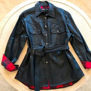 NWT Zara Faux Black Leather Plaid Lined Belted Jacket Shirt Shacket